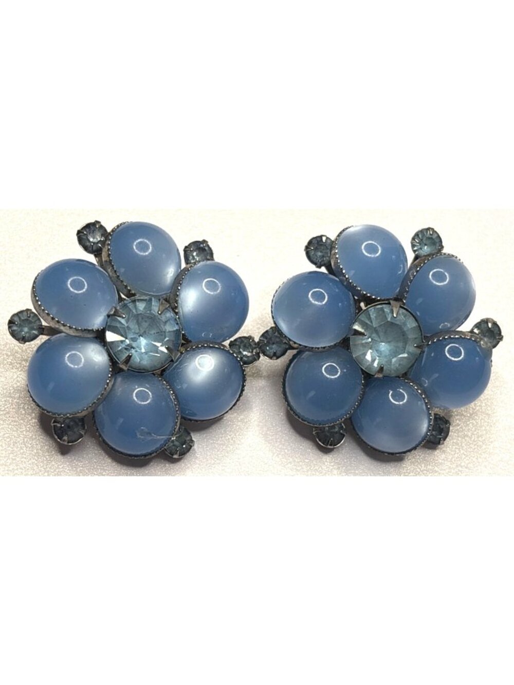 Vintage Judy Lee Signed Moonglow Blue Earrings | Prong-set Rhinestones